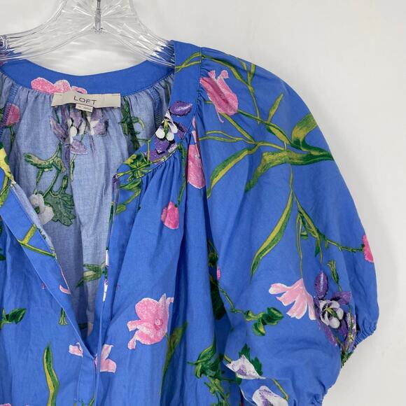 Loft Puff Sleeve Split Neck Floral Top Size Medium - Picture 3 of 7